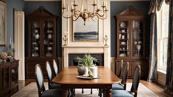 Cottage dining room decor, interior design and dark wood country house furniture, home decor, table and chairs, English countryside style photo