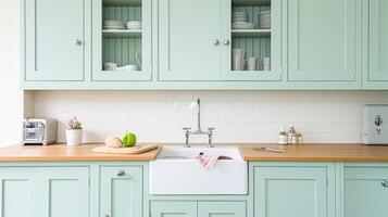 Mint cottage kitchen interior design, home decor and house improvement, English in frame kitchen cabinets in a country house photo