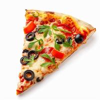 Pizza slice isolated on white background, online delivery from pizzeria, take away and fast food photo