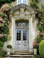 Entrance to a historic manor, framed by antique architectural elements and flanked by potted topiaries, features an aged door photo