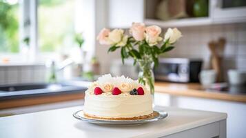 Homemade birthday cake in the English countryside house, cottage kitchen food and holiday baking recipe photo