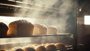 Bakery with hot fresh bread and pastry baking in the old town bakery, freshly baked products on shelves and the oven, small local business and food production photo