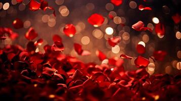 Valentines day background with red rose petals and bokeh lights, symbol of love, romance and commitment photo