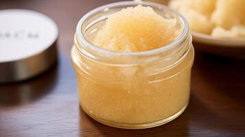 Body scrub in a jar, macro cosmetic product photo