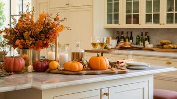 Autumnal kitchen decor, interior design and house decoration, classic English kitchen decorated for autumn season in a country house, elegant cottage style photo