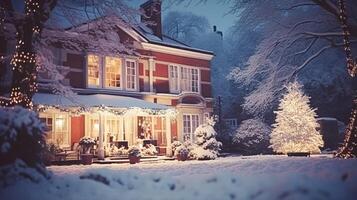 Christmas in the countryside manor, English country house mansion decorated for holidays on a snowy winter evening with snow and holiday lights, Merry Christmas and Happy Holidays photo