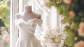 Wedding drees, bridal gown style and bespoke fashion, white tailored ball gown in showroom, tailor fitting, beauty and wedding photo