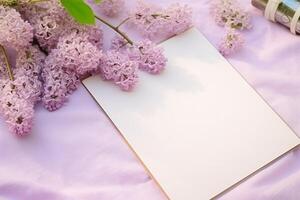 Blank paper and flowers on country background for printable art, paper, stationery and greeting card mockup photo