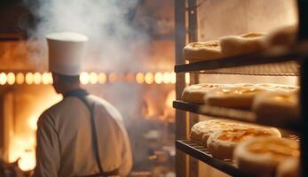 Bakery with hot fresh bread and pastry baking in the old town bakery, freshly baked products on shelves and the oven, small local business and food production photo