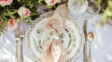 jardín fiesta paisaje de mesa, elegancia con floral mesa decoración foto