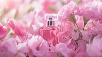 perfume botella en flores, fragancia en floreciente fondo, floral olor y cosmético producto foto