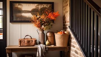 Autumnal hallway decor, interior design and house decoration, welcoming autumn entryway furniture, stairway and entrance hall home decor in an English country house and cottage style photo