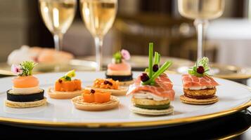 Food, hospitality and room service, starter appetisers as exquisite cuisine in hotel restaurant a la carte menu, culinary art and fine dining photo