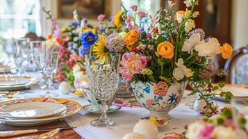 Easter tablescape decoration, floral holiday table decor for family celebration, spring flowers, Easter eggs, Easter bunny and vintage dinnerware, English country and home styling photo