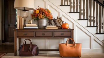 Autumnal hallway decor, interior design and house decoration, welcoming autumn entryway furniture, stairway and entrance hall home decor in an English country house and cottage style photo