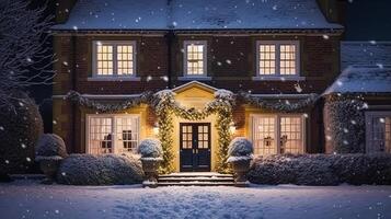 Christmas in the countryside manor, English country house mansion decorated for holidays on a snowy winter evening with snow and holiday lights, Merry Christmas and Happy Holidays photo