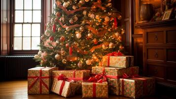 Christmas gifts, happy holidays and holiday celebration, wrapped gift boxes, presents and decorated Christmas tree, photo