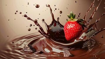 Strawberry falling into melted liquid chocolate, food dessert and confectionery industry photo