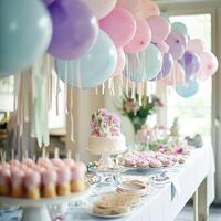 Birthday tablescape or candy bar with sweets, Birthday cake and cupcakes, beautiful party celebration photo