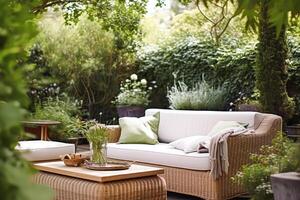 Garden lounge, outdoor furniture and countryside house patio decor with sofa and table, country cottage style landscape design, photo