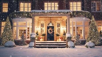 Christmas in the countryside manor, English country house mansion decorated for holidays on a snowy winter evening with snow and holiday lights, Merry Christmas and Happy Holidays photo