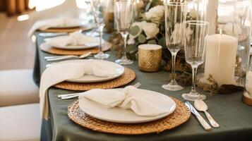 Sage green holiday tablescape, formal dinner table setting, table scape with decoration for wedding party and event celebration, photo