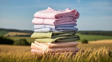 Laundry, housekeeping and homemaking, stack of clean and folded clothes in the countryside, photo