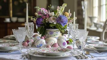 Easter tablescape decoration, floral holiday table decor for family celebration, spring flowers, Easter eggs, Easter bunny and vintage dinnerware, English country and home styling photo