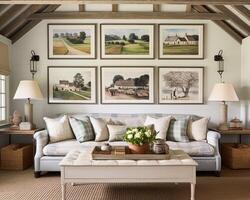 Living room gallery wall, home decor and wall art, framed art in the English country cottage interior, room for diy printable artwork mockup and print shop photo