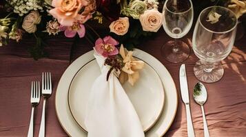 Table decor, holiday tablescape and dinner table setting in countryside garden, formal event decoration for wedding, family celebration, English country and home styling photo