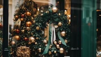 Christmas decoration details on English styled luxury high street city store door or shopping window display, holiday sale and shop decor photo