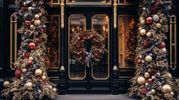 Navidad decoración detalles en Inglés estilizado lujo alto calle ciudad Tienda puerta o compras ventana mostrar, fiesta rebaja y tienda decoración foto