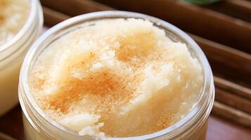 Body scrub in a jar, macro cosmetic product photo