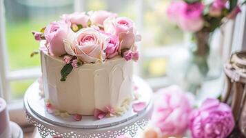 Birthday tablescape or candy bar with sweets, Birthday cake and cupcakes, beautiful party celebration photo