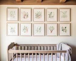 Nursery gallery wall, home decor and wall art, framed art in the English country cottage interior, room for diy printable artwork mockup and print shop photo