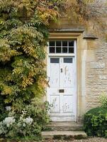 Entrance to a historic manor, framed by antique architectural elements and flanked by potted topiaries, features an aged door photo