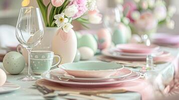 Easter tablescape decoration, floral holiday table decor for family celebration, spring flowers, Easter eggs, Easter bunny and vintage dinnerware, English country and home styling photo