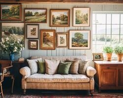 Gallery wall, home decor and wall art over sofa, framed art in modern English country cottage sitting room interior, living room for diy printable artwork and print shop photo