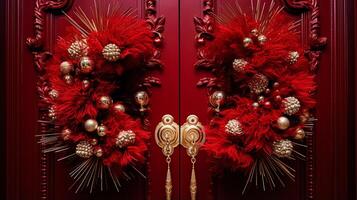 Christmas decoration details on English styled luxury high street city store door or shopping window display, holiday sale and shop decor photo