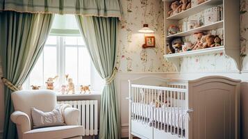 Baby room decor and interior design inspiration in the English countryside style cottage photo