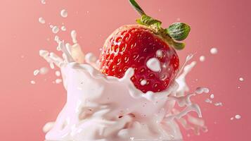 Strawberries falling into cream, milk or yoghurt on pink background, strawberry dessert photo