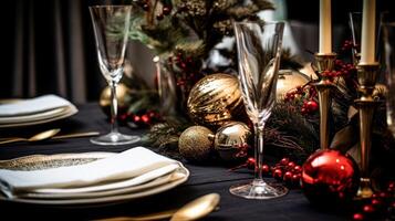 Christmas table decor, holiday tablescape and dinner table setting, formal event decoration for New Year, family celebration, English country and home styling photo