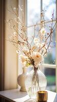 Floral arrangement with winter, autumn or early spring botanical plants and flowers photo