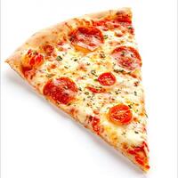 Pizza slice isolated on white background, online delivery from pizzeria, take away and fast food photo