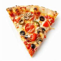 Pizza slice isolated on white background, online delivery from pizzeria, take away and fast food photo