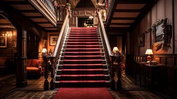 Christmas at the manor, grand entrance hall with staircase and Christmas tree, English countryside decoration and interior decor photo