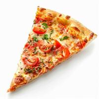 Pizza slice isolated on white background, online delivery from pizzeria, take away and fast food photo