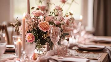 Birthday tablescape or candy bar with sweets, Birthday cake and cupcakes, beautiful party celebration photo