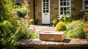 Postal service, home delivery and online shopping, parcel box on a house doorstep in the countryside, photo