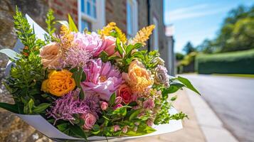 Flower shop delivery and holiday gift postal service, beautiful bouquet of flowers on a house doorstep in the countryside, photo